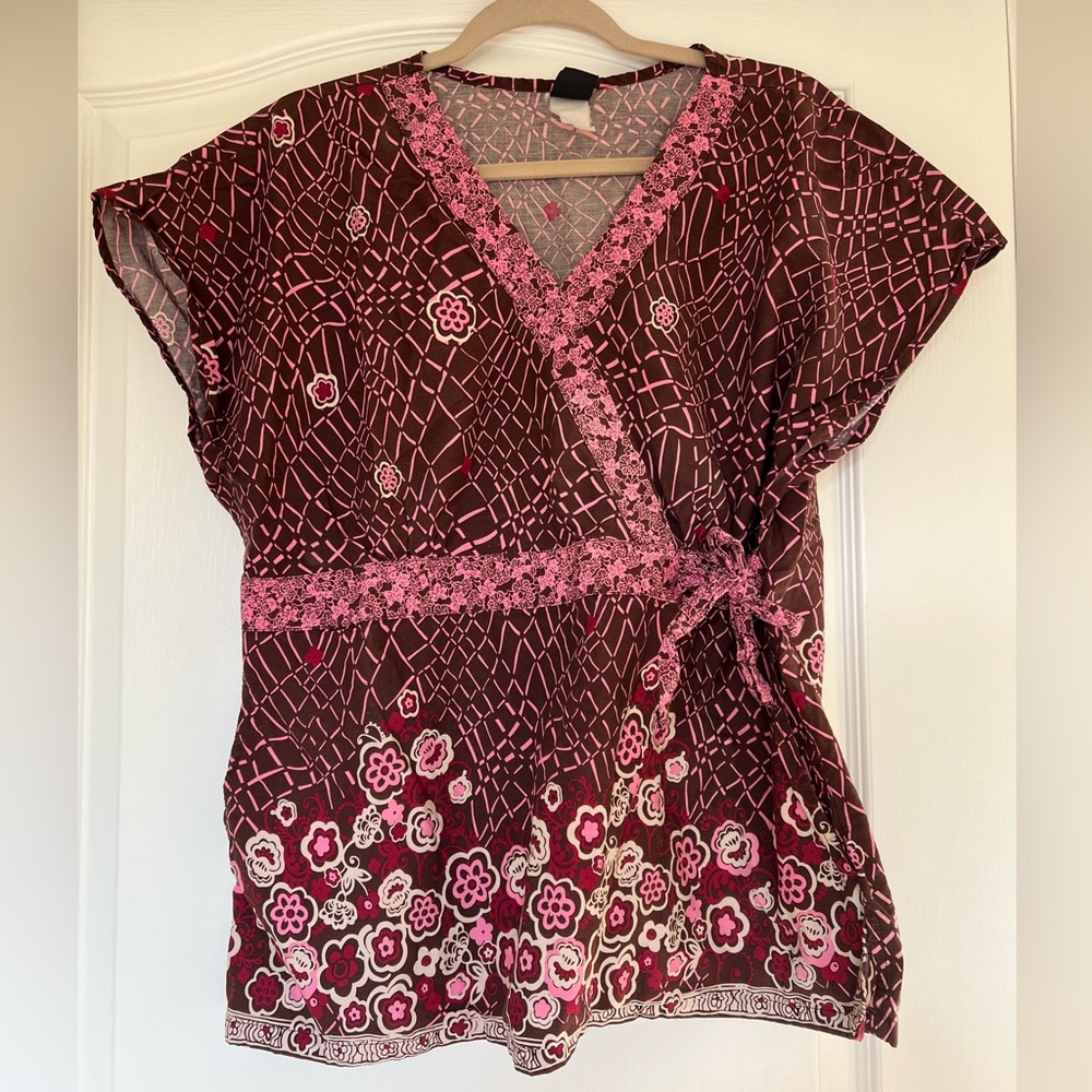 Pink and brown floral scrub top